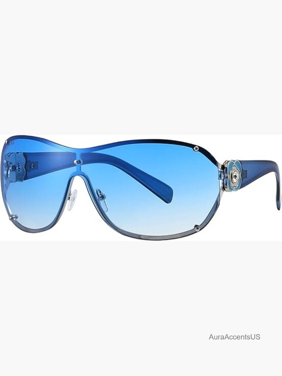 Oversized Wrap Around Shield Sunglasses with Rhinestone Camellia Accents main image 6